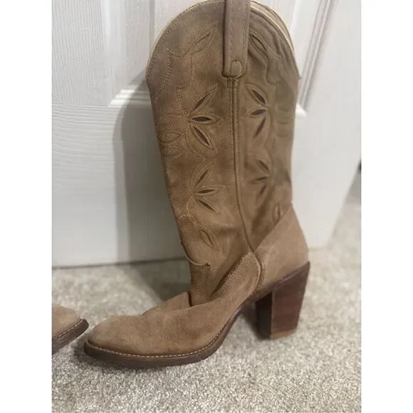 Vintage Dingo Acme Leather Cowboy Boots Women’s Sz US 7 Made In USA Western Tan - Picture 2 of 13